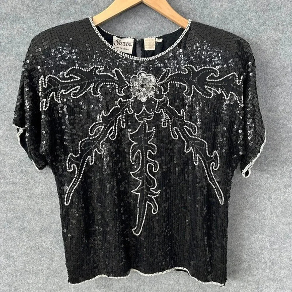 Vintage Sarin Sequin Top Womens S / M Beaded Black Silver Floral Silk 80s Blouse - Picture 3 of 15